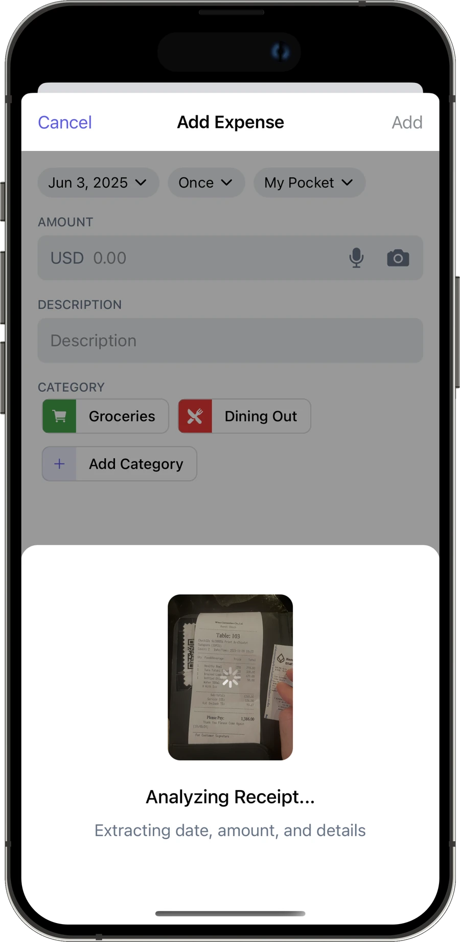 Add Expense screen scanning a receipt, reading Analyzing Receipt: extracting date, amount, and details