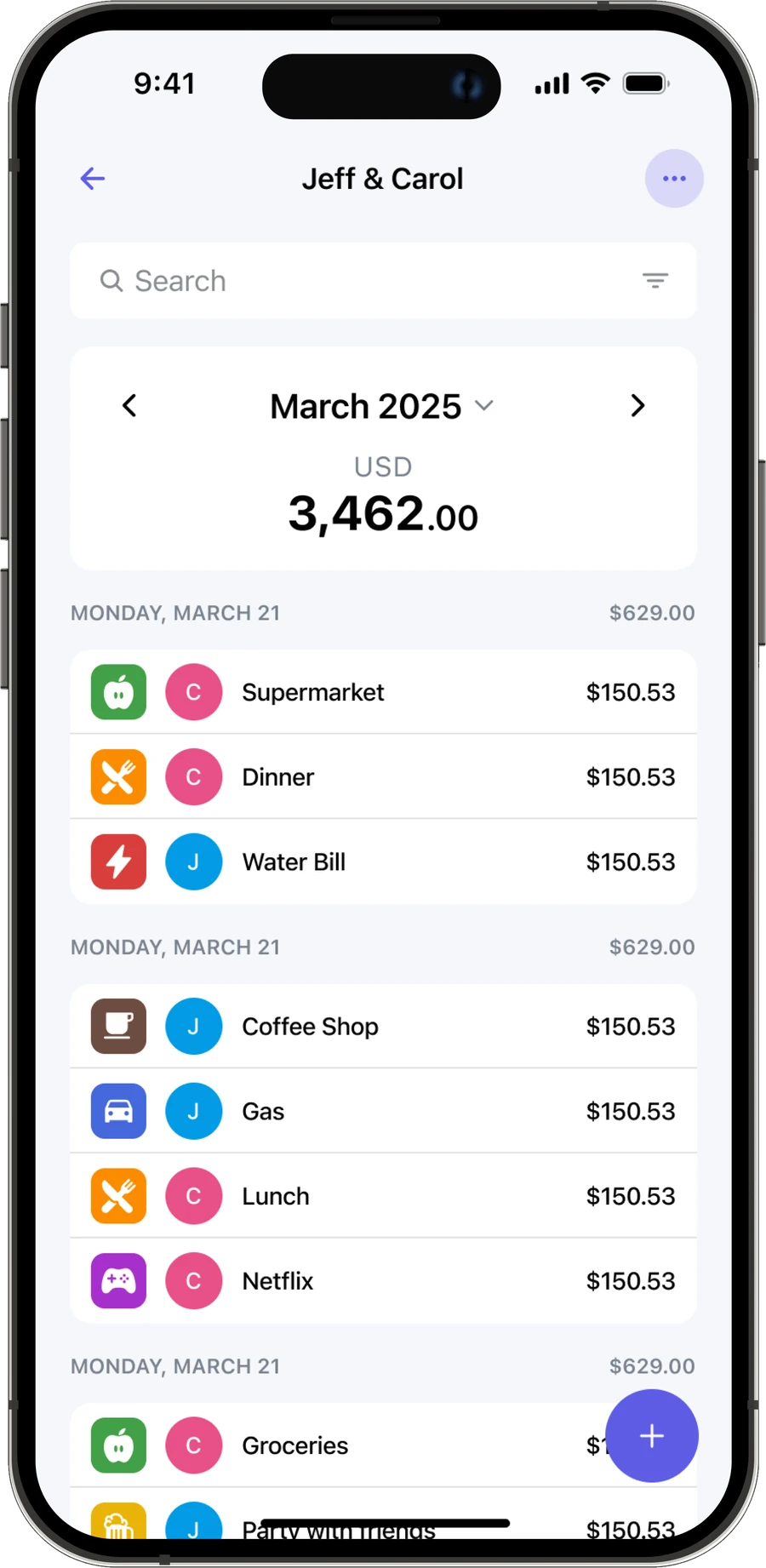 Budget Ally shared pocket screen for Jeff & Carol