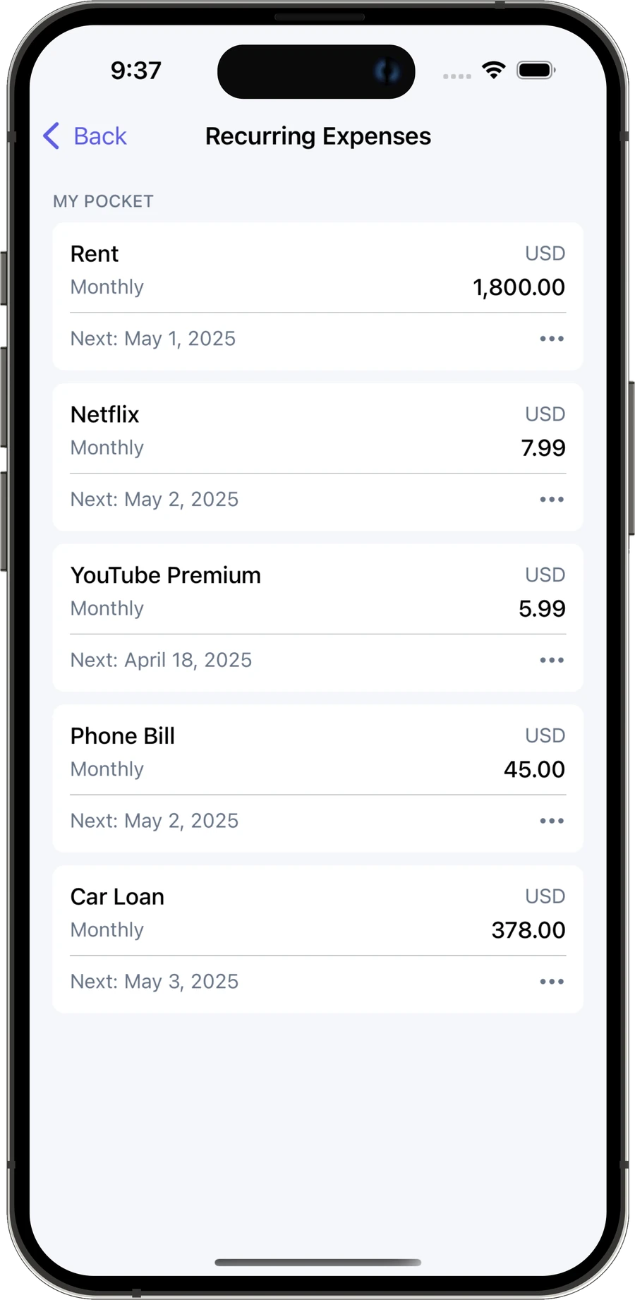 Budget Ally Recurring Expenses screen listing rent, Netflix, YouTube Premium, phone bill, and a car loan